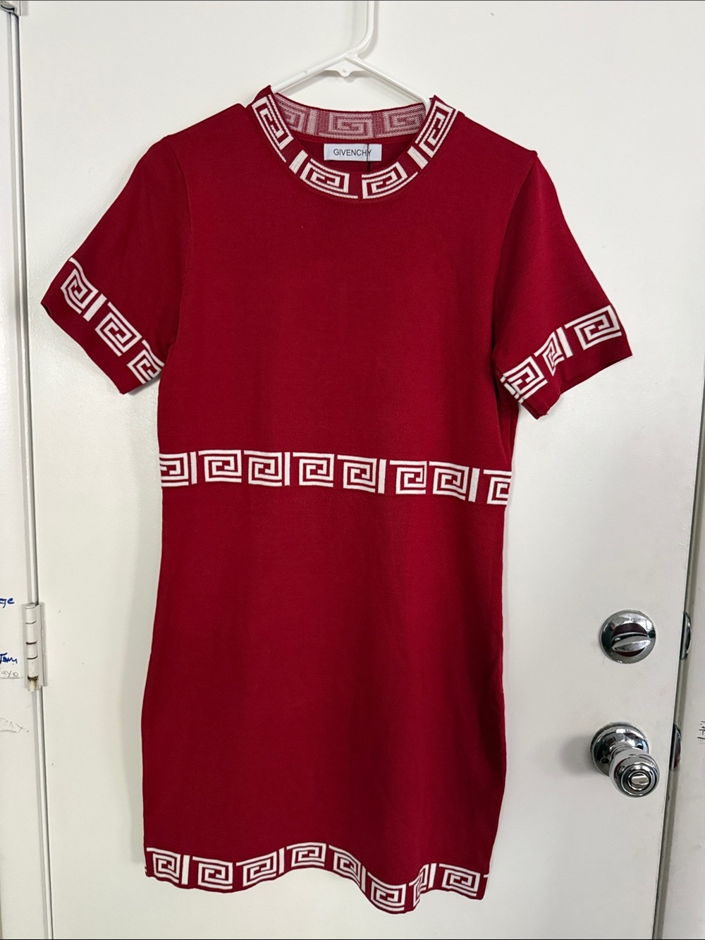 WOMENS STRETCHY BODY CON  Short-Sleeve Mini Dress with White Greek Key Trim